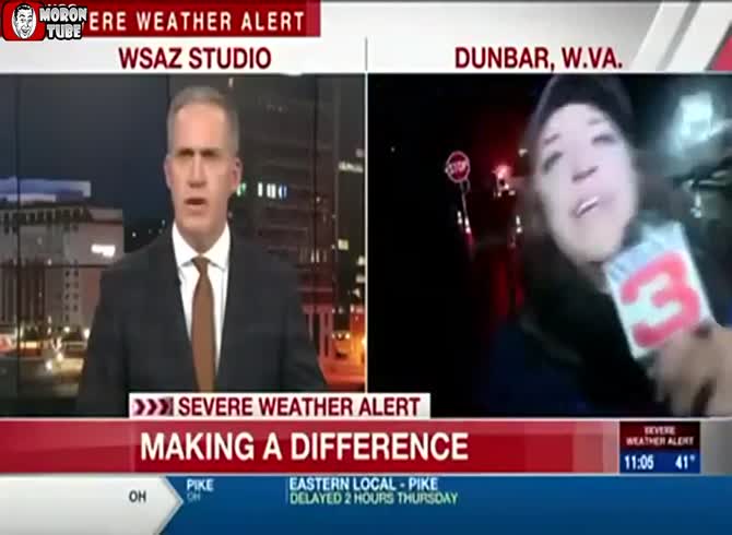 Video :A automobile that loses control strikes a journalist who is discussing the condition of the ice roadways
